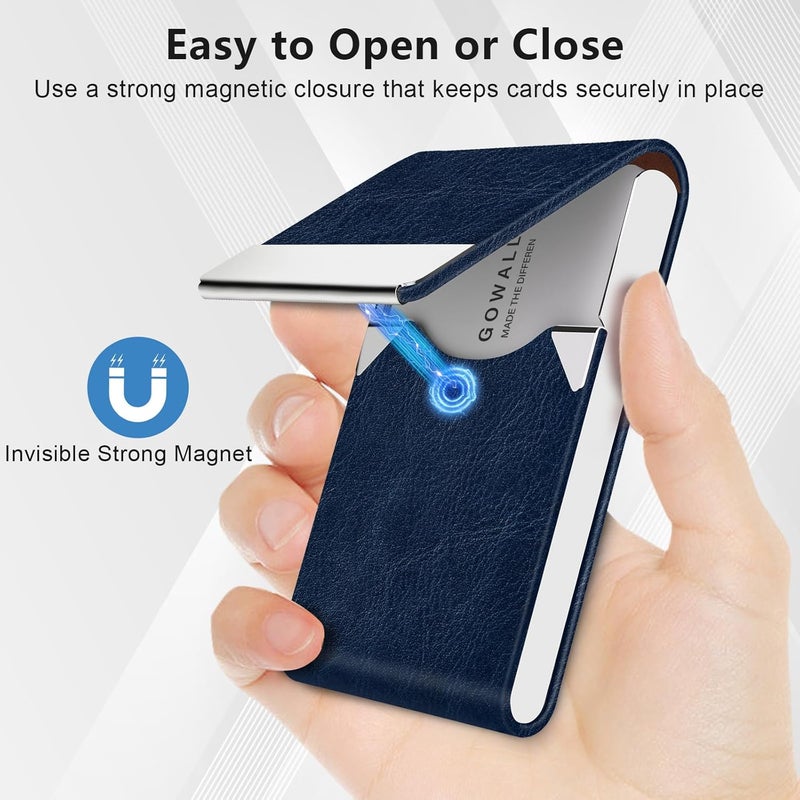 GOWALL Business Card Holder with Magnetic Closure, Slim Metal PU Business Card Case for Men Women, 3.7 x 2.3 inches RFID Blocking Credit Cards Holder for Pocket or Bag Storage, Dark Blue - Image 2